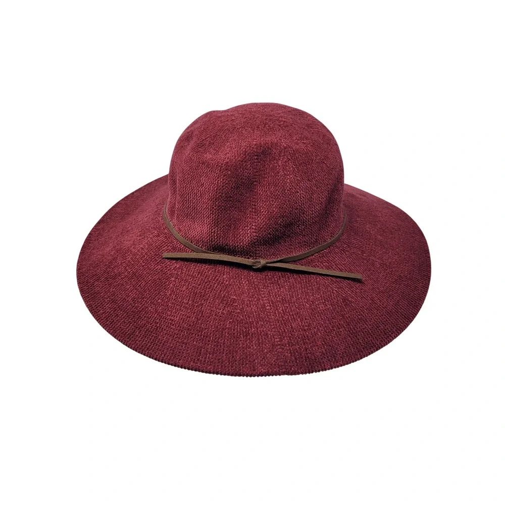Maroon Burgundy Wide-brim Floppy Hat Knit Faux Leather Band Adjustable‎ Boho